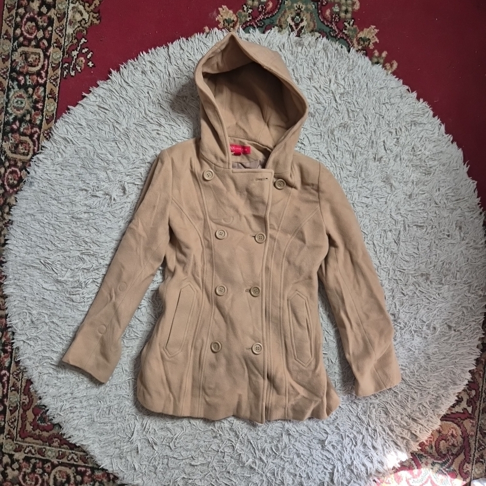 Vintage Anne Klein Jacket Wool Blend Tan With Hood Classic Winter Fall Work ✨️💫
